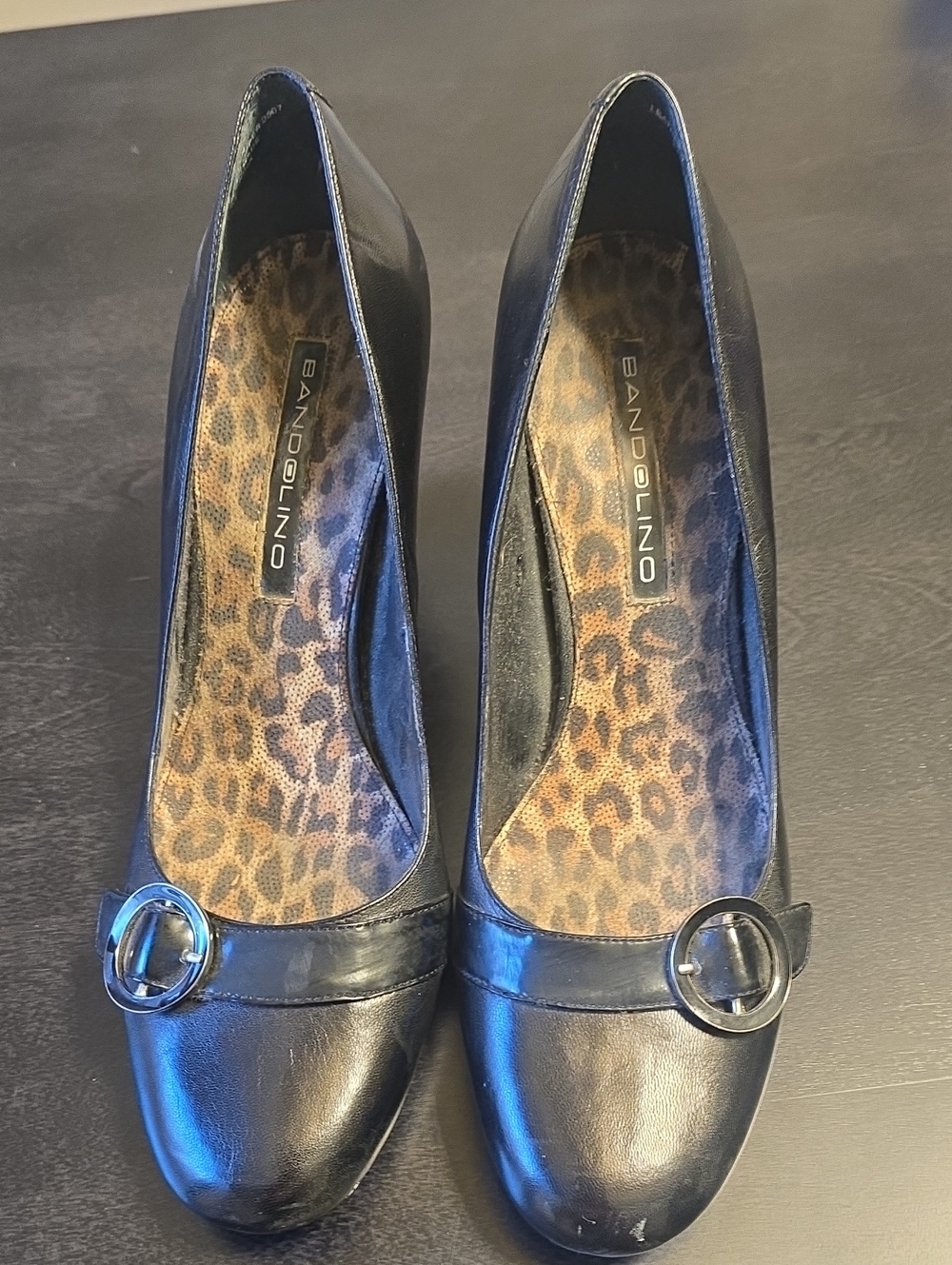 Bandolino Black Leather Round-Toe Pumps with Buckle Accent